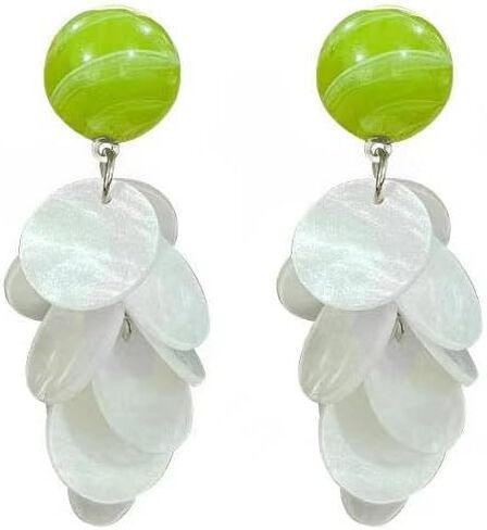 Statement Silver Clip-On Earrings with Green Bead and White Shell Discs – Lightweight Dangle Earrings, 18K Gold Plated Accents in Kuwait