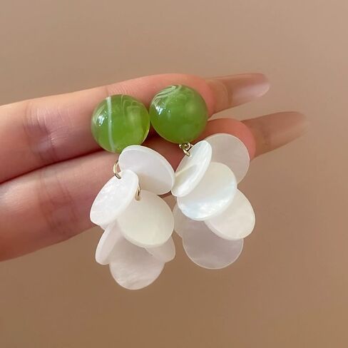Statement Silver Clip-On Earrings with Green Bead and White Shell Discs – Lightweight Dangle Earrings, 18K Gold Plated Accents in Kuwait