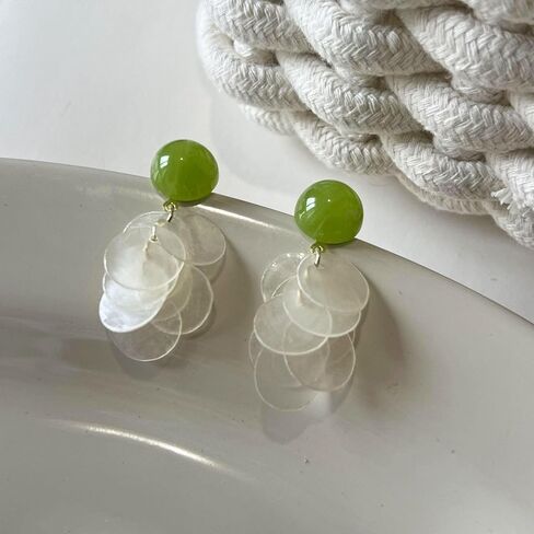 Statement Silver Clip-On Earrings with Green Bead and White Shell Discs – Lightweight Dangle Earrings, 18K Gold Plated Accents in Kuwait