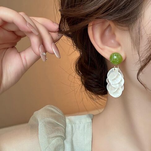 Statement Silver Clip-On Earrings with Green Bead and White Shell Discs – Lightweight Dangle Earrings, 18K Gold Plated Accents in Kuwait