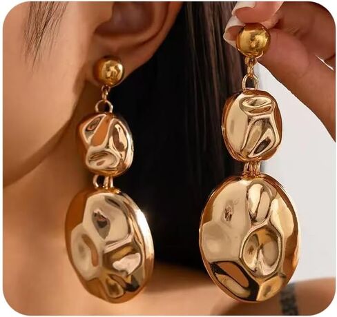 Chunky Gold Statement Earrings for Women Big Irregular Geometric Dangle Earring Hammered Long Drop Earrings Trendy Party Jewelry Accessories Gifts in Saudi Arabia