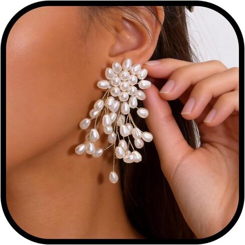 Pearl Earrings for Women Wedding Pearl Drop Earrings Cluster Flower Statement Jewelry Bridal Bridesmaid Gifts in Kuwait