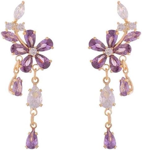 Statement Elegant Floral Drop Earrings – 18K Gold Plated with Purple & White Cubic Zirconia Teardrop Crystals in Kuwait
