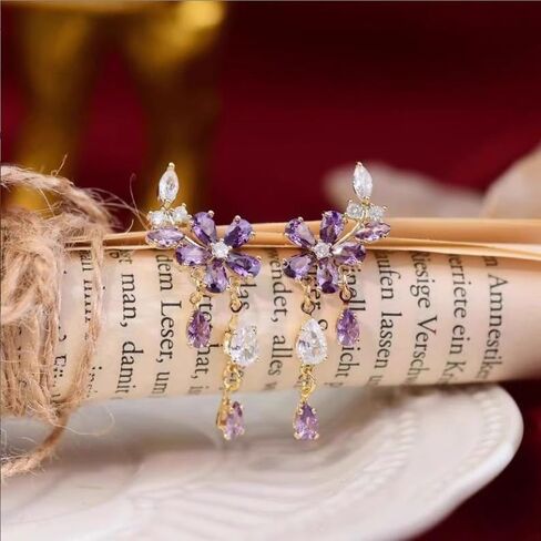 Statement Elegant Floral Drop Earrings – 18K Gold Plated with Purple & White Cubic Zirconia Teardrop Crystals in Kuwait