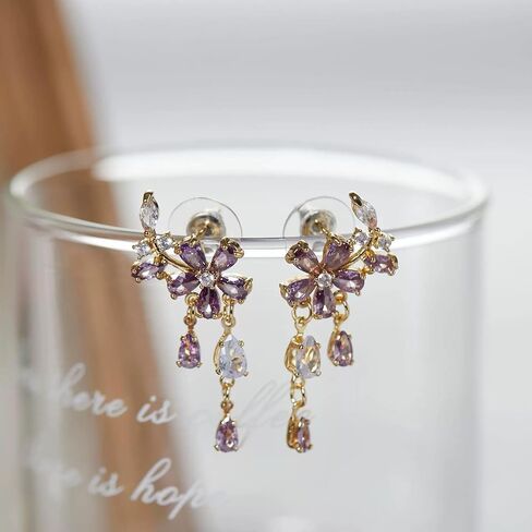 Statement Elegant Floral Drop Earrings – 18K Gold Plated with Purple & White Cubic Zirconia Teardrop Crystals in Kuwait
