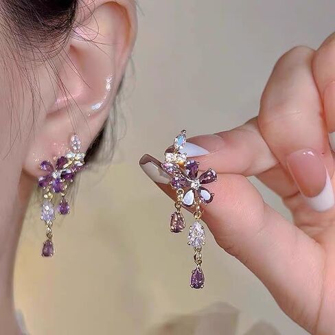 Statement Elegant Floral Drop Earrings – 18K Gold Plated with Purple & White Cubic Zirconia Teardrop Crystals in Kuwait