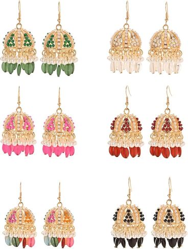 Jhumkas Indian Earrings for Women Gold Plated Multicolor Bell Faux Pearl Tassel Hoop Dangle Drop Vintage kundan Bollywood Indian Earrings(6 Pairs) in Saudi Arabia
