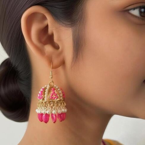 Jhumkas Indian Earrings for Women Gold Plated Multicolor Bell Faux Pearl Tassel Hoop Dangle Drop Vintage kundan Bollywood Indian Earrings(6 Pairs) in Saudi Arabia
