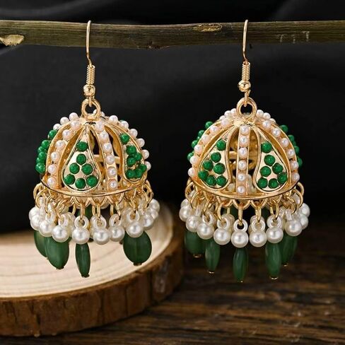 Jhumkas Indian Earrings for Women Gold Plated Multicolor Bell Faux Pearl Tassel Hoop Dangle Drop Vintage kundan Bollywood Indian Earrings(6 Pairs) in Saudi Arabia