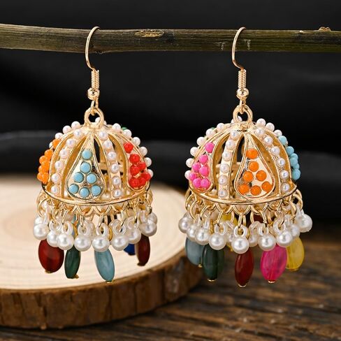 Jhumkas Indian Earrings for Women Gold Plated Multicolor Bell Faux Pearl Tassel Hoop Dangle Drop Vintage kundan Bollywood Indian Earrings(6 Pairs) in Saudi Arabia