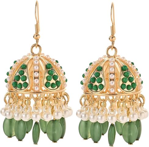 Jhumkas Indian Earrings for Women Gold Plated Multicolor Bell Faux Pearl Tassel Hoop Dangle Drop Vintage kundan Bollywood Indian Earrings(6 Pairs) in Saudi Arabia