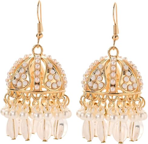Jhumkas Indian Earrings for Women Gold Plated Multicolor Bell Faux Pearl Tassel Hoop Dangle Drop Vintage kundan Bollywood Indian Earrings(6 Pairs) in Saudi Arabia