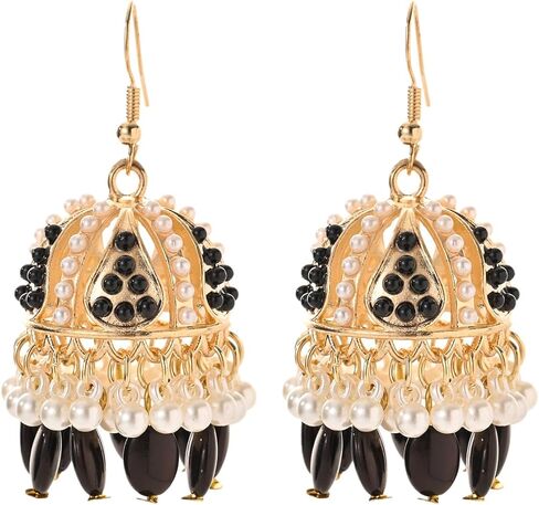 Jhumkas Indian Earrings for Women Gold Plated Multicolor Bell Faux Pearl Tassel Hoop Dangle Drop Vintage kundan Bollywood Indian Earrings(6 Pairs) in Saudi Arabia