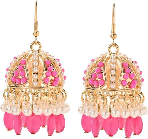 Jhumkas Indian Earrings for Women Gold Plated Multicolor Bell Faux Pearl Tassel Hoop Dangle Drop Vintage kundan Bollywood Indian Earrings(6 Pairs) in Saudi Arabia