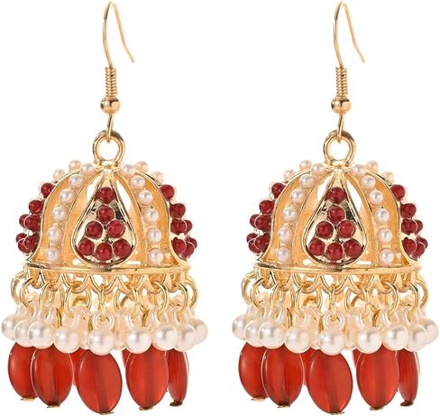 Jhumkas Indian Earrings for Women Gold Plated Multicolor Bell Faux Pearl Tassel Hoop Dangle Drop Vintage kundan Bollywood Indian Earrings(6 Pairs) in Saudi Arabia
