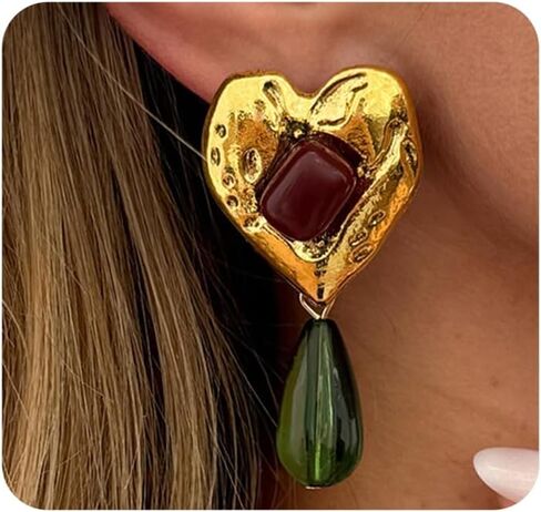 Vintage Gold Heart Dangle Drop Earrings for Women,Unique Green Resin Waterdrop Dangly Earrings Valentine's Day Jewelry Gift in Kuwait