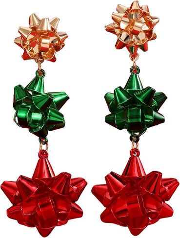Christmas Earrings for Women Vintage Triple Red Green Xmas Bow Drop Dangle Stud Earring Fashion Xmas Winter Holiday Party Jewelry for Women in Kuwait