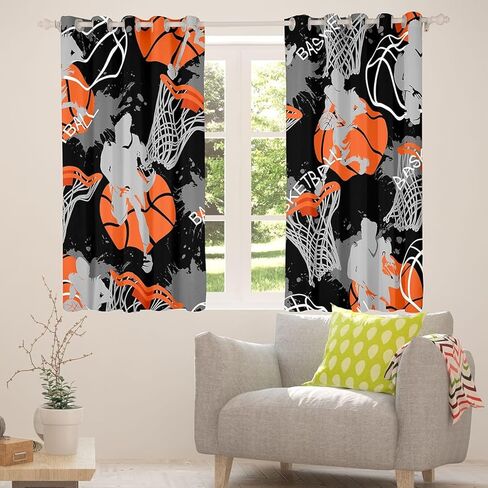 Erosebridal Basketball Curtains for Teen Boys Room Decor, Ball Sports Window Curtains 2 Panel Sets 38x45 Inch,Basketball Playing Game Cool Art Printed Window Treatments Drapes for Living Room in Saudi Arabia