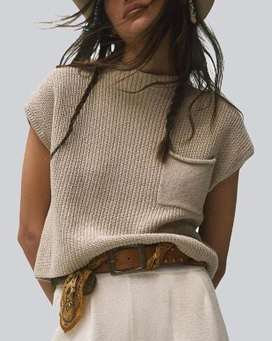 Womens Mock Neck Sweater Vest Summer Cap Sleeve Knit Pullover Sweaters Tops Pockets in Saudi Arabia