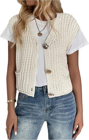 OYOANGLE Women's Button Up Chunky Sweater Vest Sleeveless V Neck Knitwear Tops with Pockets in Saudi Arabia