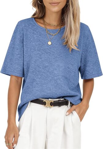 Sweaters for Women Short Sleeve Oversized Crew Neck Knitted Pullover Sweater Trendy Casual Loose Fit Summer Tops in Saudi Arabia