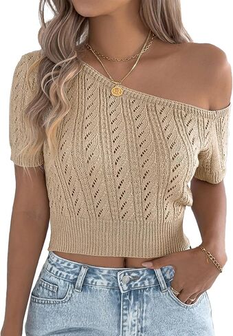 FEOYA Cropped Crochet Top for Women Off Shoulder Crochet Tops Short Sleeve Knitted Pullover Summer Sweater S-XL in Saudi Arabia
