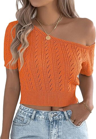 FEOYA Cropped Crochet Top for Women Off Shoulder Crochet Tops Short Sleeve Knitted Pullover Summer Sweater S-XL in Saudi Arabia