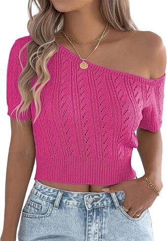 FEOYA Cropped Crochet Top for Women Off Shoulder Crochet Tops Short Sleeve Knitted Pullover Summer Sweater S-XL in Saudi Arabia