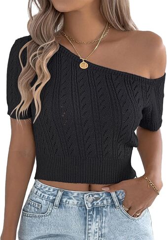 FEOYA Cropped Crochet Top for Women Off Shoulder Crochet Tops Short Sleeve Knitted Pullover Summer Sweater S-XL in Saudi Arabia