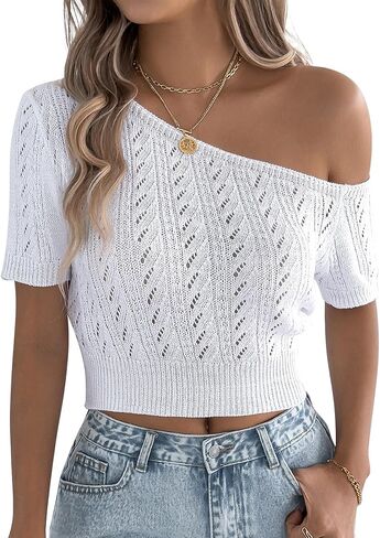 FEOYA Cropped Crochet Top for Women Off Shoulder Crochet Tops Short Sleeve Knitted Pullover Summer Sweater S-XL in Saudi Arabia