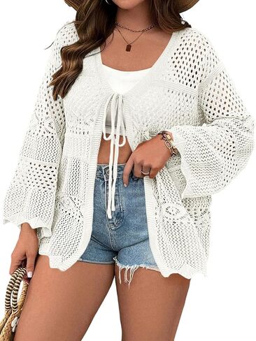 Women's Plus Size Lightweight Cardigans Tie Front Summer Crochet Long Sleeves Hollow Out Thin Cardigan in Saudi Arabia