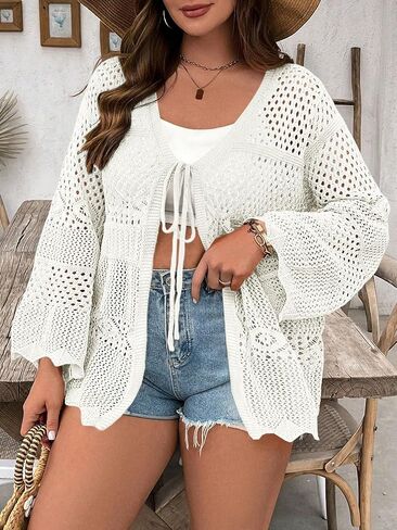 Women's Plus Size Lightweight Cardigans Tie Front Summer Crochet Long Sleeves Hollow Out Thin Cardigan in Saudi Arabia