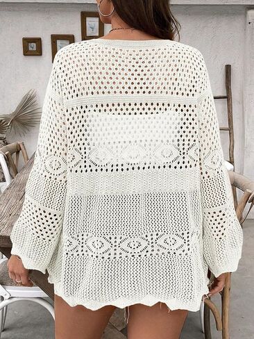 Women's Plus Size Lightweight Cardigans Tie Front Summer Crochet Long Sleeves Hollow Out Thin Cardigan in Saudi Arabia