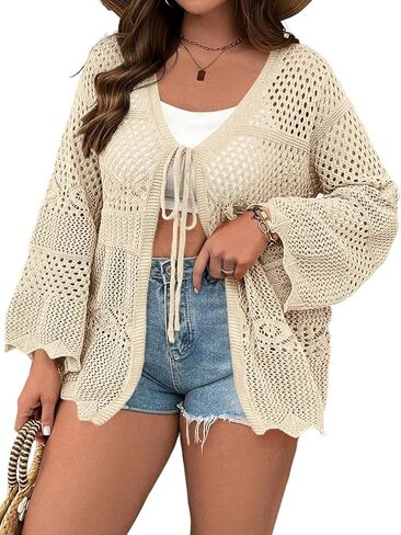 Women's Plus Size Lightweight Cardigans Tie Front Summer Crochet Long Sleeves Hollow Out Thin Cardigan in Kuwait