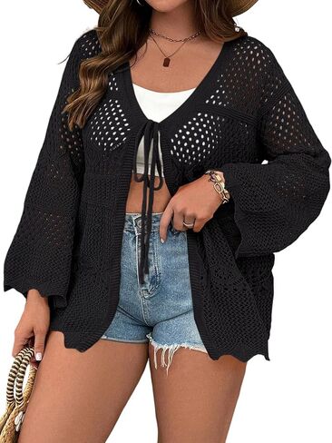 Women's Plus Size Lightweight Cardigans Tie Front Summer Crochet Long Sleeves Hollow Out Thin Cardigan in Saudi Arabia