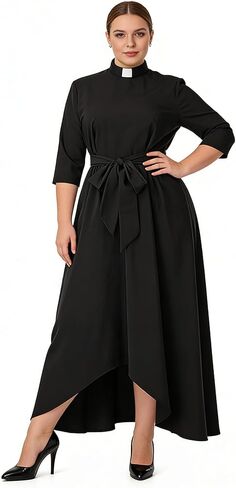 Church Dress for Women Half Sleeve Loose Elegant Clergy Maxi Dress with Tab Insert Collar and Belts in Kuwait
