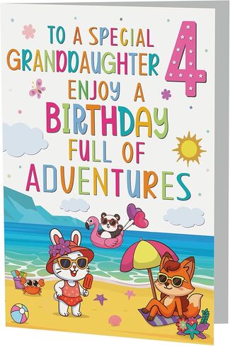 Cards Granddaughter 4th Birthday Card – Beach & Adventure Animal Design – A5 size Premium Greeting Card UK in Kuwait