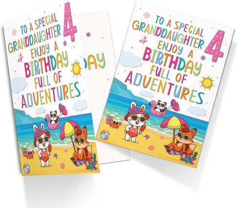 Cards Granddaughter 4th Birthday Card – Beach & Adventure Animal Design – A5 size Premium Greeting Card UK in Kuwait