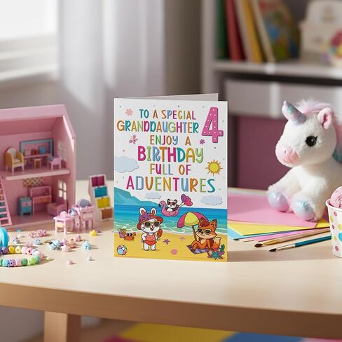Cards Granddaughter 4th Birthday Card – Beach & Adventure Animal Design – A5 size Premium Greeting Card UK in Kuwait