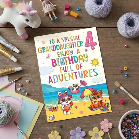 Cards Granddaughter 4th Birthday Card – Beach & Adventure Animal Design – A5 size Premium Greeting Card UK in Kuwait