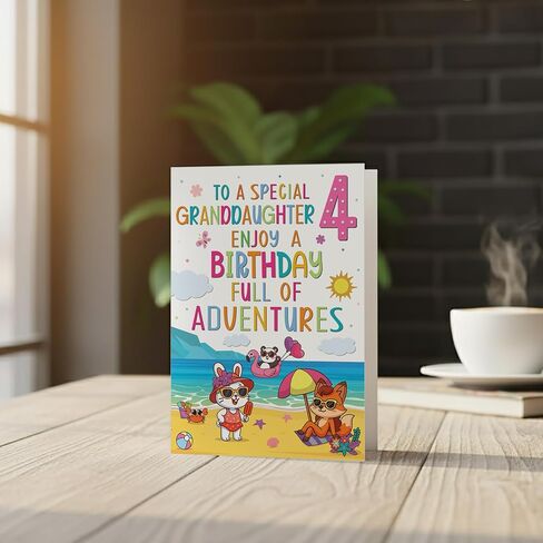 Cards Granddaughter 4th Birthday Card – Beach & Adventure Animal Design – A5 size Premium Greeting Card UK in Kuwait