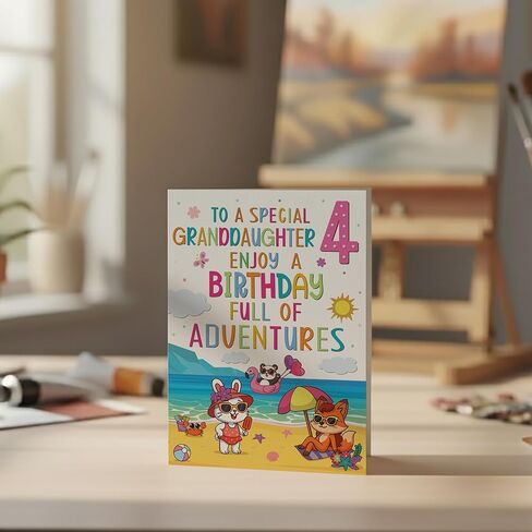 Cards Granddaughter 4th Birthday Card – Beach & Adventure Animal Design – A5 size Premium Greeting Card UK in Kuwait