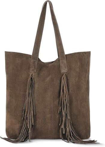 Italian Genuine Suede Tote Bag for Women with Fringe Detail | Medium Top Handle Handbag with Detachable Zip Wallet in Kuwait