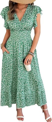 فستان نسائي طويل مزين بالورود - فستان صيفي بأكمام قصيرة ورقبة على شكل حرف V مع خصر وجيب in Kuwait