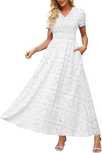 Womens Lace Floral Maxi Dress V Neck Short Sleeve Hollow Out Eyelet A Line Flowy Boho Summer Beach Wedding Guest Dresses in Saudi Arabia