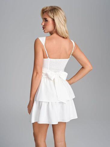 Parthea Women Floral Square Neck Mini Dress Tiered Ruffle A Line Tie Bow Guaduation Party Short Dresses in Saudi Arabia