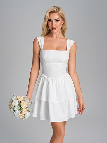 Parthea Women Floral Square Neck Mini Dress Tiered Ruffle A Line Tie Bow Guaduation Party Short Dresses in Saudi Arabia