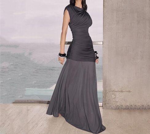 HENGEN 2025 Autumn New Pleated Women's Sleeveless Long Dress, Fashionable and Sexy Hip Hugging Dress in Kuwait