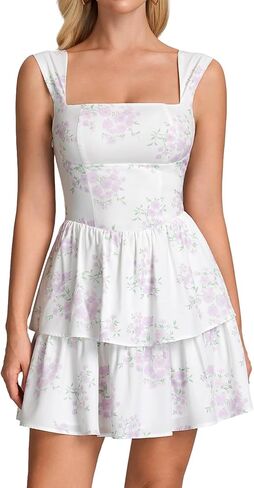 Parthea Women Floral Square Neck Mini Dress Tiered Ruffle A Line Tie Bow Guaduation Party Short Dresses in Kuwait