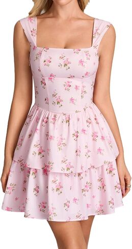 Parthea Women Floral Square Neck Mini Dress Tiered Ruffle A Line Tie Bow Guaduation Party Short Dresses in Saudi Arabia